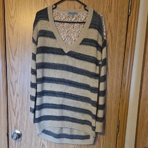 Olivia Sky Gray and Cream Striped V-Neck Sweater